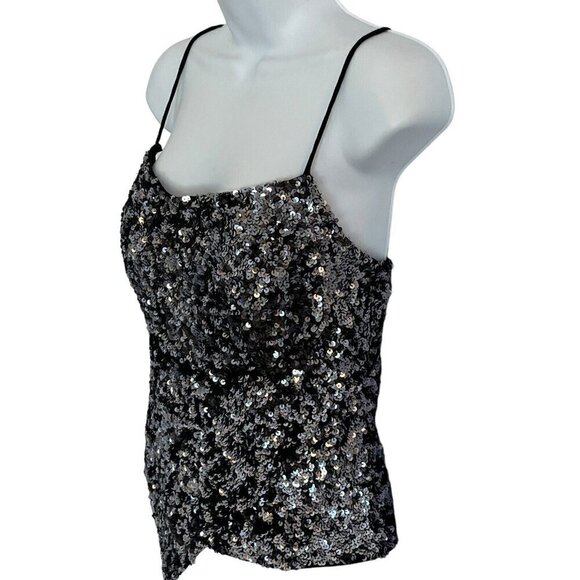 Vtg Y2K Cache Sequin Camisole Cami S Metallic Silk Asymmetrical Spaghetti Straps - Picture 5 of 15